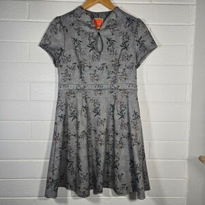 ModCloth Plaid Floral Fit Flare Dress Large Glen Check Keyhole Retro Inspired